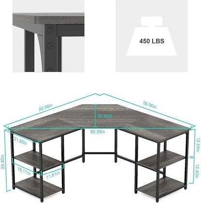 Elephance Large L-Shaped Computer Desk with Shelves, Corner Desk, Home Office Writing Workstation, Gaming Desk PC Latop Table with Storage