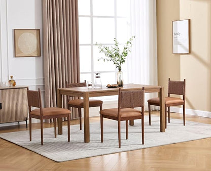 CIMOTA Brown Faux Leather Dining Chairs Set of 4, Mid Century Modern Upholstered Dining Room Chairs with Woven Back, Armless Kitchen Chairs with Walnut Solid Wood Legs, PU