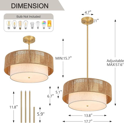 18" Drum Chandelier Dining Room Light Fixture with Rattan Shade,3-Light Modern Kitchen Table Light Fixture for Bedroom, Bathroom, Living Room
