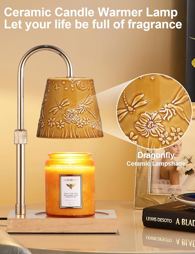 Ceramic Candle Warmer Lamp Dimmable Electric Lamp Candle Warmer for Jar Scented Candles Adjustable Height Mothers Day Birthday Gifts for Women Mom Grandma Offices Home Decor Light(Yellow Dragonfly)