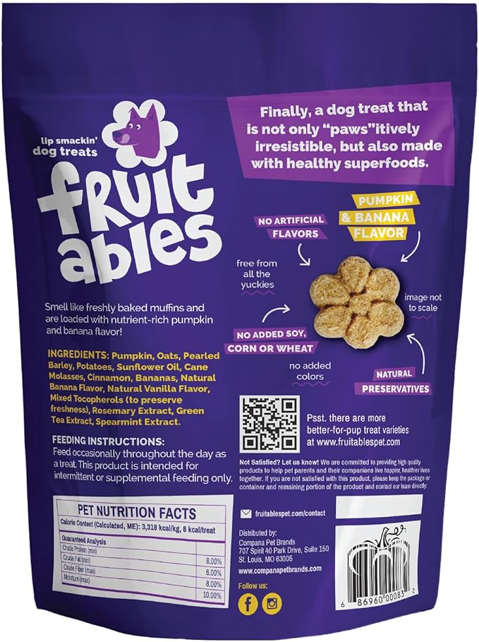 Fruitables Baked Dog Treats, Healthy Pumpkin Treat for Dogs, Low Calorie & Delicious, No Wheat, Corn or Soy, Made in the USA, Pumpkin and Banana Flavor, 12oz