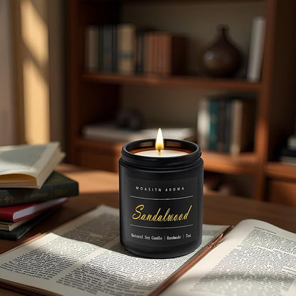 MOASITN Sandalwood Scented Candles for Home| Leather,Sandalwood,Amber Scented Soy Candle| Handmade Longlasting Aromatherapy Candle| Jar Candel Gift for Women,Men for Spring,Birthday,Relaxing|7oz