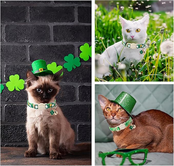 ARING PET 2 Pack St. Patrick's Day Cat Collars-Cute Green Clovers Cat Collar Breakaway with Bell&Pendant, Adjustable Lucky Trefoil Kitten Collars with Safety Buckle