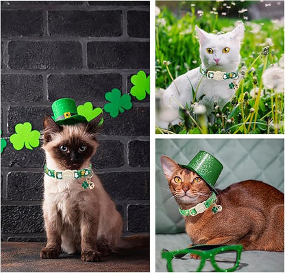ARING PET 2 Pack St. Patrick's Day Cat Collars-Cute Green Clovers Cat Collar Breakaway with Bell&Pendant, Adjustable Lucky Trefoil Kitten Collars with Safety Buckle