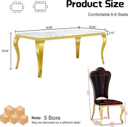Dining Table Set for 6, 7-Piece Kitchen Table Chairs Set, Modern Dining Room Set with 70'' Marble Dinner Table and 6 Petaloid Backrest Upholstered Chairs for Kitchen, Black & Gold