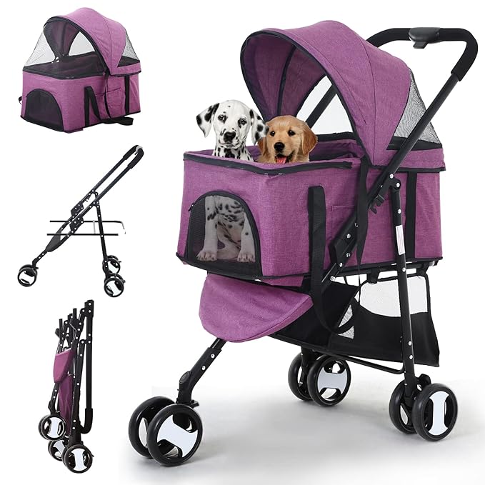 3-in-1 Folding Pet Stroller with 3 Wheels for Medium Small Dogs & Cats - Lightweight Travel Pet Stroller with Detachable Carrier, Purple