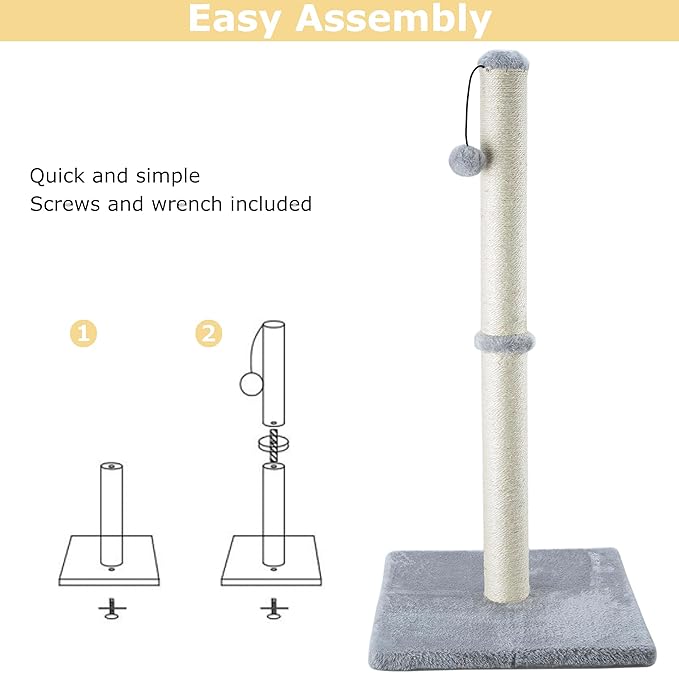 Dimaka 34" Tall Cat Scratching Post for Large Cats and Kittens, High Vertical Scratcher with Premium Natural Sisal Rope and Interactive Hanging Ball for Indoor Cat(Grey, 34 inches for Large Cats)