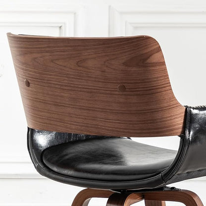 LUNLING Swivel Accent Faux Leather Dining Chairs, Mid Century Modern Chairs with Wooden Legs/Armrest/Upholstered Seat/Adjustable Foots for Kitchen Dining Room Desk Chairs,Black,1PCS