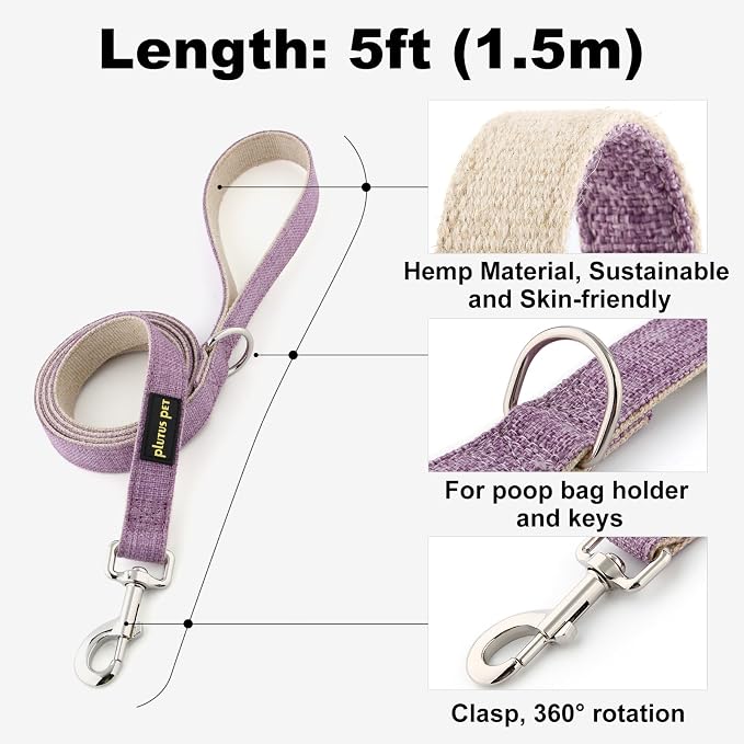 Plutus Pet Cotton Hemp Dog Collar and Leash Set, Adjustable Collar for Small, Medium, and Large Dogs, Heavy Duty and Soft on Skin, Lavender, L
