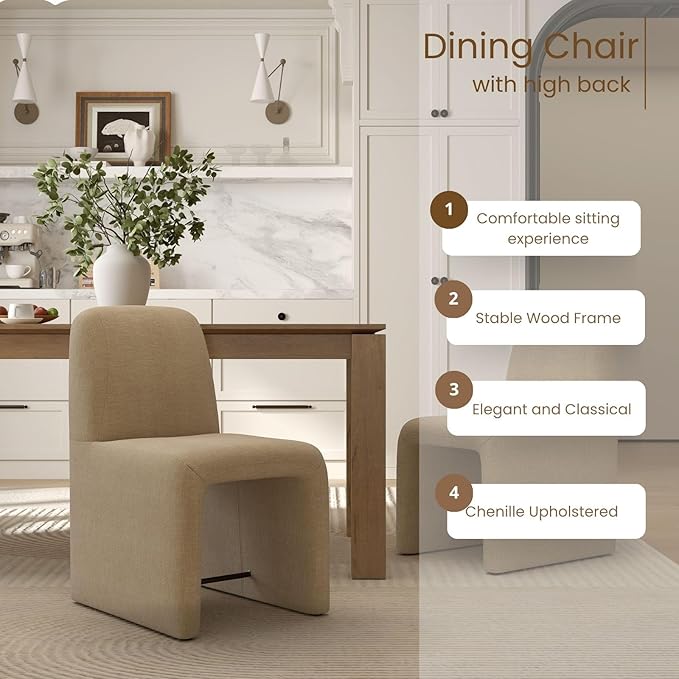 Khaki Upholstered Chenille Dining Chairs Set of 4, Mid Century Modern Dining Room Chairs with Deep Seat & Curved Back, Armless Side Chair Comfy Kitchen Chairs for Living Room/Kitchen