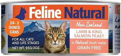 Feline Natural New Zealand Canned Catfood Wet Food, High-Meat, Low-Carb, & Grain Free Cat Food Wet, Lamb & Salmon Feast, 3 oz, Pack of 24