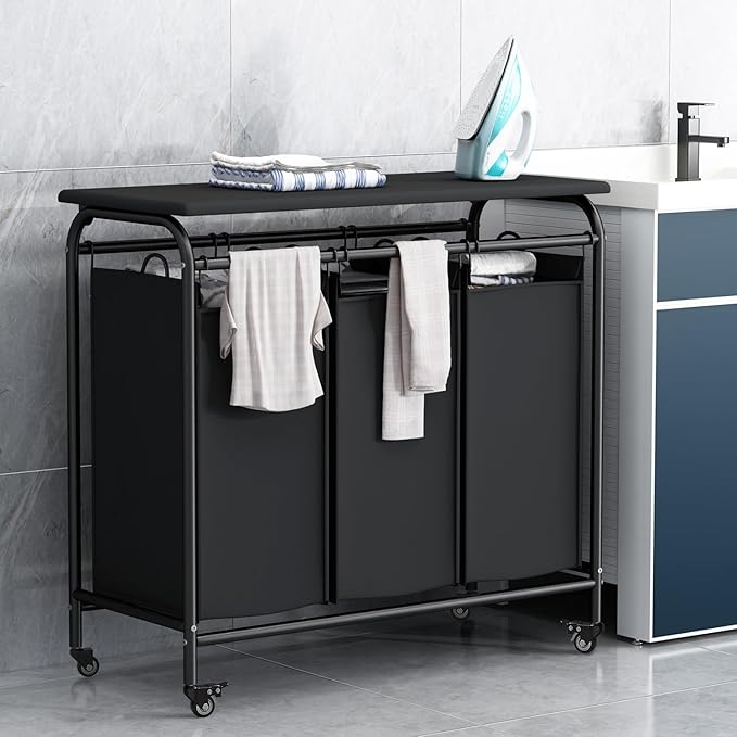 LINZINAR 3 Bag Laundry Basket Sorter Heavy Duty Rolling Lockable Wheels Laundry Hamper Cart with Ironing Board and Removable Bags, Black