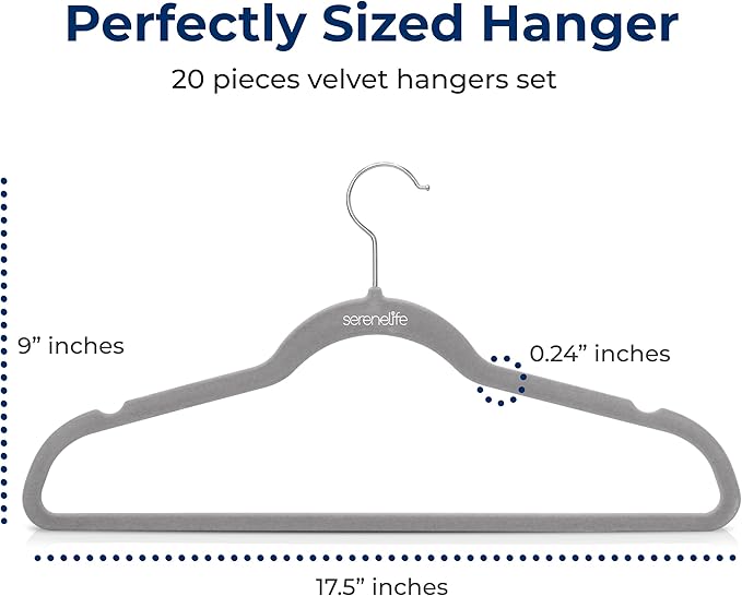 SereneLife 20 Pack Velvet Hangers - Non-Slip Felt Hangers with 360° Swivel Hook - Ultra-Thin, Lightweight, Space Saving for Shirts, Sweaters, Hoodies, Kids Clothes & Dresses