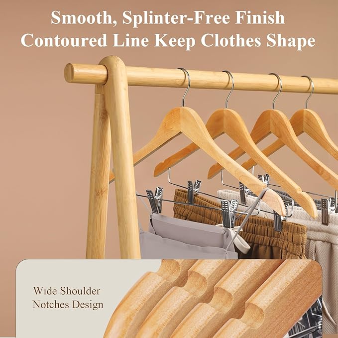 Wooden Hangers with Adjustable Heavy Duty Clips - 24 Pack Pants, Skirt, Jeans, Slacks, Shorts Hangers (Natural)