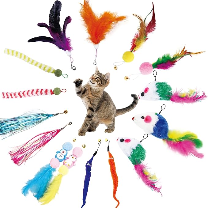 15PCS Cat Wand Toy Accessories, Cat Feather Toy Attachments Replacements, Mouse Toy and Tassels Strip for Indoor Cats Kitten