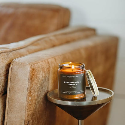 Calyan Wax Co. Rosewood & Amber Scented Candle - 57 Hour Burn - Luxury Non Toxic Soy Wax Candles - Long Lasting Amber Glass Jar Candle for Home - 7.2oz