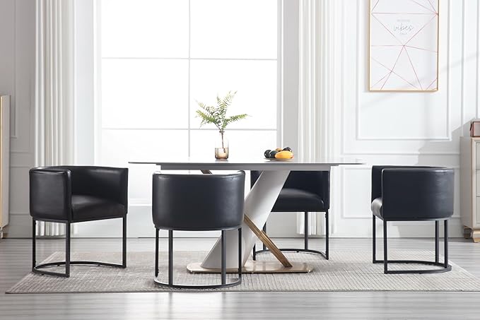 Faux Leather Dining Chair Modern Barrel Arm Chairs with Black Metal Frame, Upholstered Kitchen Chairs 18.5" Wide Accent Chair for Living Room Dining Room Restaurant, Black