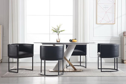 Faux Leather Dining Chair Modern Barrel Arm Chairs with Black Metal Frame, Upholstered Kitchen Chairs 18.5" Wide Accent Chair for Living Room Dining Room Restaurant, Black