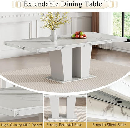 7-Piece Extendable Dining Table Set for 6-8 People 63-78 Inch Kitchen Table Set with 6 Black Upholstered Chairs Modern White Faux Marble Rectangular Dining Room Table Set for Kitchen Apartment