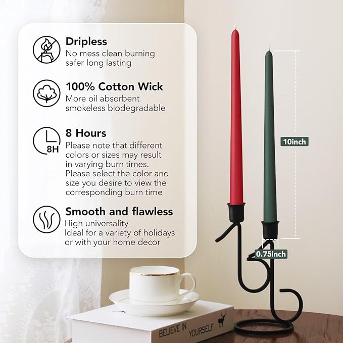 10-Inch Tall Dripless Taper Candles Set of 12 - Red and Green Tapered Candles, Perfect for Christmas - Smokeless, Unscented, Long Burning - Hand Poured, Colored Tall Candlesticks - Christmas