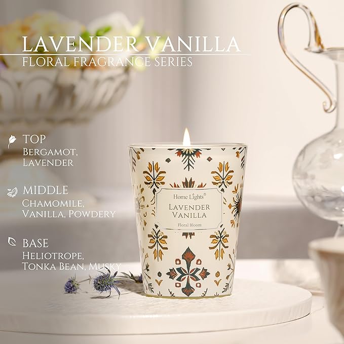 HomeLights Soy Wax Candles for Home Scented, 1-Wick Candles in Lavender Vanilla Scented, Aromatherapy Candles Gift for Parties, Relaxing, Bohemian Natural Textures, 6.7oz