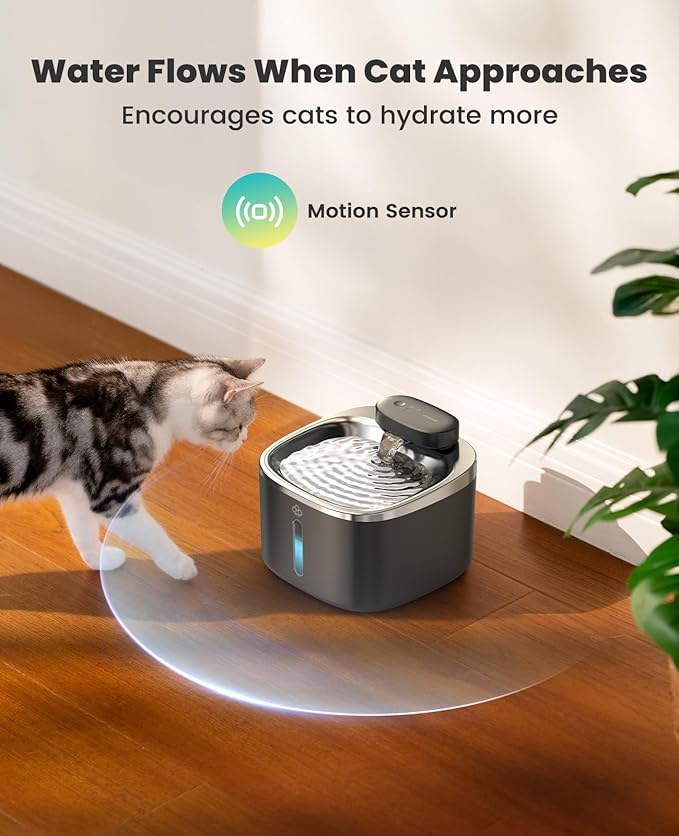 oneisall Cat Water Fountain, 3.5L/118oz Battery Operated Pet Fountain Stainless Steel, Automatic Water Fountains for Cats Indoor, Rechargeable (Hale 3.5L Black Color)