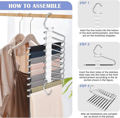 Upgrade 9 Layers Pants Hangers Space Saving, 2 Pack Multifunctional Pants Rack Non Slip Stainless Steel Clothes Space Saver Hangers Closet Organizers Storage for Pants Jeans Leggings, Creamy White