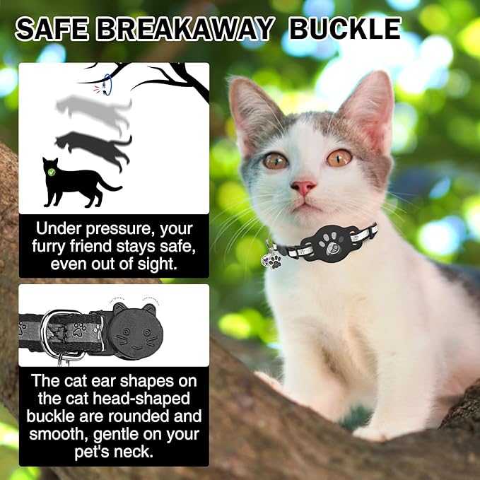 Airtag Cat Collar Breakaway, Reflective Kitten Collar with Bell and Apple Air Tag Holder, GPS Cute Cat Collar, Glow in The Dark Pet Collars for Boy Girl Cats, Kittens, Puppies, Black