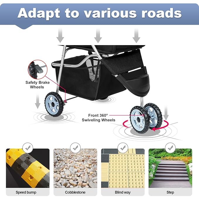 BestPet Pet Stroller Dog Cat Jogger Stroller for Medium Small Dogs Cats Folding Lightweight Travel Stroller with Cup Holder (Black, 3 Wheels)