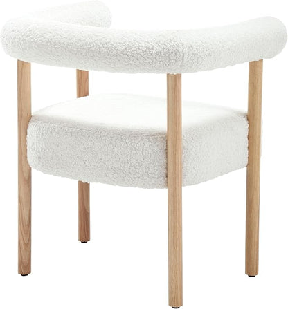 White Boucle Dining Chairs Set of 2, Modern Upholstered Dining Chairs, Curved Backrest Kitchen Dining Room Chairs Accent Chairs Arm Chairs with Natural Wood Legs