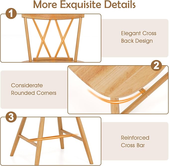 Giantex Windsor Dining Chairs Set of 2, Farmhouse Wooden Kitchen Chairs w/Cross Back, Wide Seat, Rubber Wood Frame, Armless Side Chairs for Kitchen, Dining Room, Living Room, Restaurant, Natural