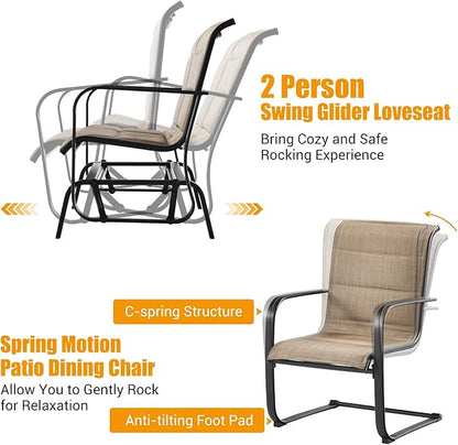 Tangkula 4 Pieces Outdoor Furniture Set, Patio Conversation Set with Coffee Table, 2-Person Swing Glider Loveseat and 2 Spring Motion Dining Chairs, Sectional Sofa Set with Cotton Padded (Brown)