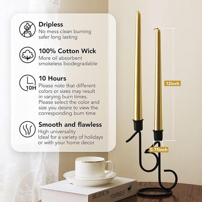 New Burning Formula Unscented Dripless 12-Inch Taper Candles Set of 12 - Gold, for Wedding, Dinner - Smokeless, Long Burning - Hand Poured, Colored Tall Candlesticks - Oro