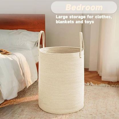 Large Woven Laundry Basket Hamper,100L Cotton Rope Storage Bin for Blankets,Toys and Clothes,Decorative Tall Nursery Hamper for Living Room,Baby Nursery,Bathroom and Bedroom,Beige
