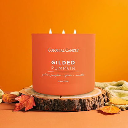 Colonial Candle Gilded Pumpkin Scented Jar Candle, Pop of Color Collection, 3 Wick, Orange, 14.5 oz - Up to 60 Hours Burn