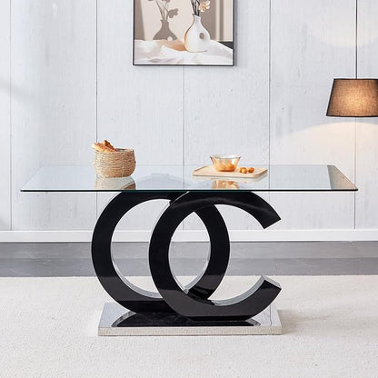 gopop 63'' Modern Glass Dining Table, Clear Glass Top with Black Unique Design Leg and Silver Metal Base, Seats 4-6, 63 x 35.4 x 30 inches