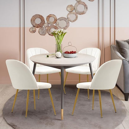 Velvet Dining Chairs Set of 6, Mid-Century Modern Upholstered Kitchen Chair with Metal Gold Legs for Living Room, Dining Room, White
