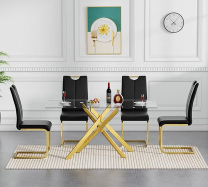 Goujxcy Gold Dining Table Set for 4, Glass Kitchen Table with Chair Set, Modern 51" Rectangle Glass Dining Table and 4 Black PU Leather Chairs with Metal Frame for Kitchen Dining Room