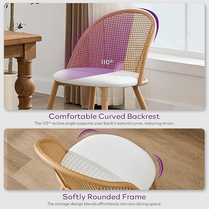 TYBOATLE Rattan Dinner Chairs Set of 4 with Faux Leather Cushion, Modern Dining Room Chairs w/Adjustable Foot Pads, Kitchen Boho Mid Century Upholstered, White