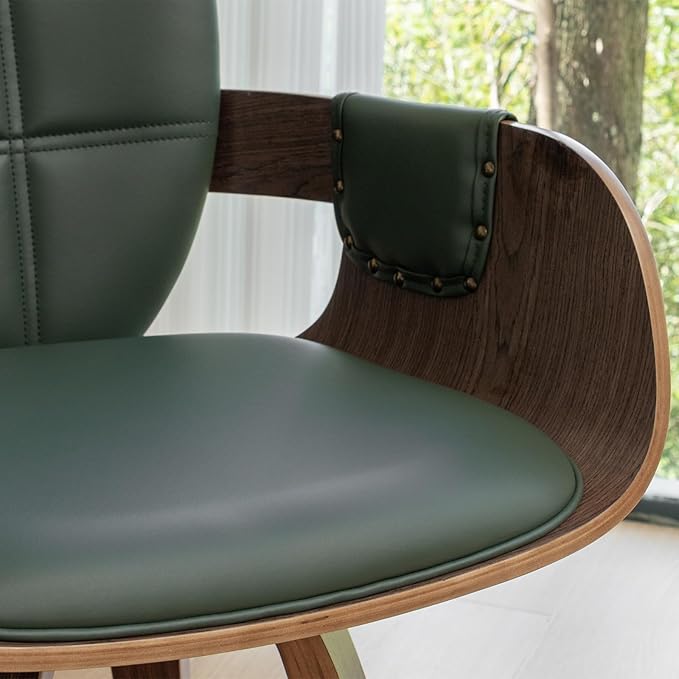 Set of 4 MCM dining Chairs - Swivel Faux Leather Dining Chairs with Arms and Curved Back, Bentwood Structure, Walnut Craftsmanship, Versatile for Kitchen/Restaurant/Conference Room (Walnut Green)