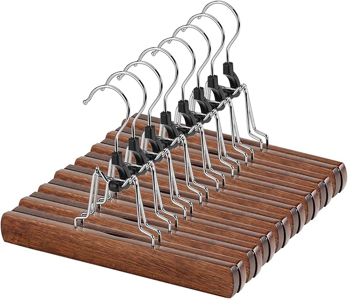 AMKUFO 12 Pack Wooden Pants Hangers with Clips Non Slip Skirt Hangers Walnut Trouser Clamp Hanger Solid Wood Hanger with 360° Swivel Hook
