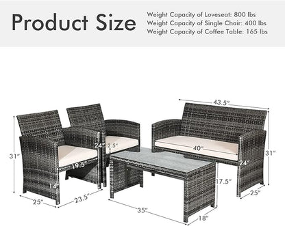 Goplus 4-Piece Rattan Patio Furniture Set, Outdoor Wicker Conversation Sofa with Weather Resistant Cushions and Tempered Glass Tabletop for Lawn Backyard Pool Garden (Beige)