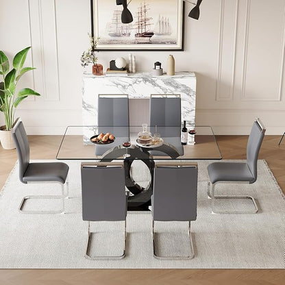 63'' Glass Dining Table Set for 6, Kitchen Table Chairs Set of 6, Clear Glass Dining Table with Black unique design Leg and Silver Metal Base, 6 PU Dining Chairs with Metal Legs, Living Room, Kitchen.
