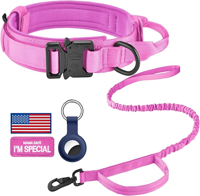 DAGANXI Tactical Dog Collar, Adjustable Military Training Nylon Dog Collar with Control Handle and Heavy Metal Buckle for Medium and Large Dogs, with Patches and Airtags Case (L, Pink-Set)