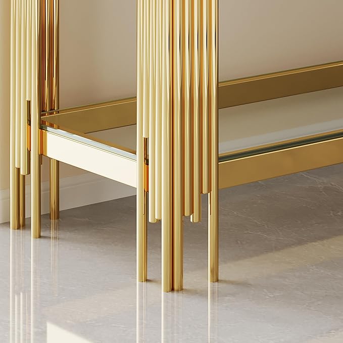 Goujxcy Modern Glass Console Table 55" Gold Entryway Table with Tempered Glass Top and Mirror Finish Stainless Steel Legs, Luxury Rectangular Sofa Table for Living Room Hallway Corridor Table (Gold)