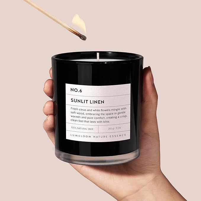 Sunlit Linen Luxury Scented Candles, 9oz Soy Wax Candles for Home Scented, Linen, Jasmine, White Lemon, Wood Scent, Long Burning Time, Christmas Gifts for Women, Friends, Men, Housewarming