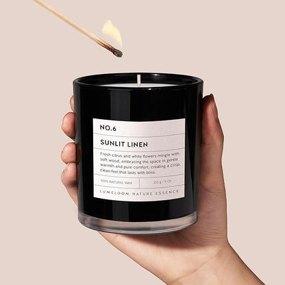 Sunlit Linen Luxury Scented Candles, 9oz Soy Wax Candles for Home Scented, Linen, Jasmine, White Lemon, Wood Scent, Long Burning Time, Christmas Gifts for Women, Friends, Men, Housewarming