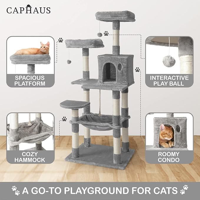 CAPHAUS Tall Cat Tree for Indoor Cats, Modern Cute 58-Inch Cat Climbing Play Tower with Top Perch for Large Cats Kittens, Multi-Level Cat Activity Tree w Scratching Posts, Hammock, Cat Cave Condo