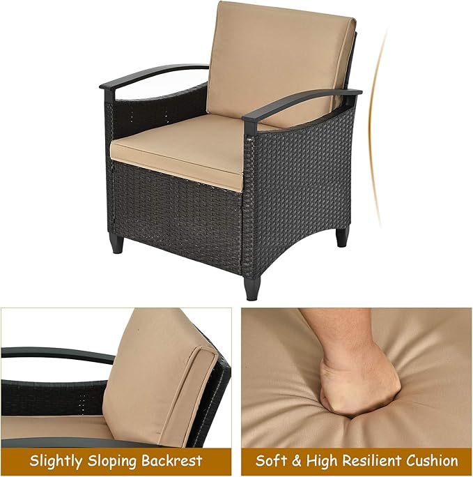 Tangkula 3 Piece Rattan Sofa Set, Patio Conversation Bistro Set w/Coffee Table, Seat and Back Cushions, Sturdy Steel Frame, Outdoor Furniture Set for Garden, Backyard, Balcony, Poolside