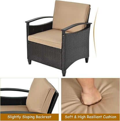 Tangkula 3 Piece Rattan Sofa Set, Patio Conversation Bistro Set w/Coffee Table, Seat and Back Cushions, Sturdy Steel Frame, Outdoor Furniture Set for Garden, Backyard, Balcony, Poolside